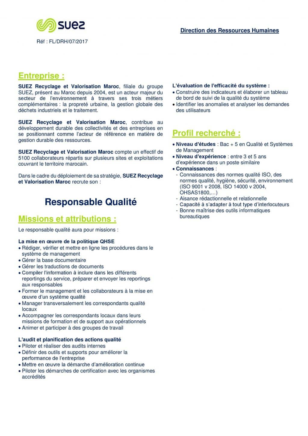 SUEZ Maroc recrute SUEZ Maroc recrute