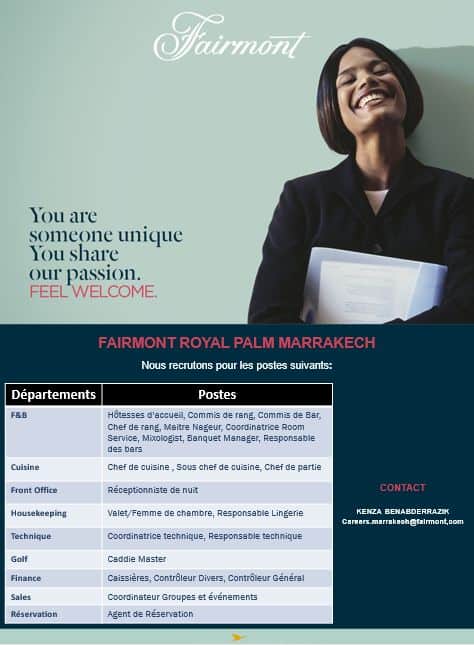 Fairmont Royal Palm Marrakech recrute Plusieurs Profils