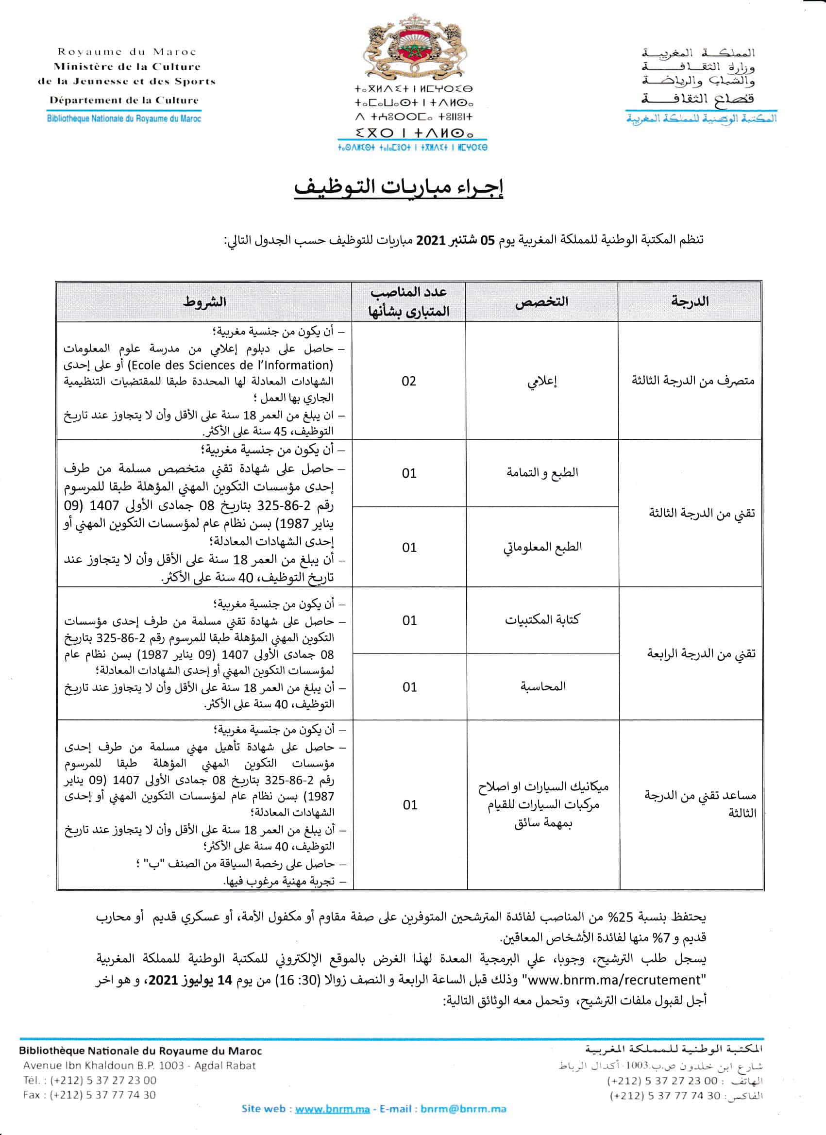 Pagesde20212 1 Concours Bibliothèque Nationale du Royaume du Maroc 2021 (7 Postes)