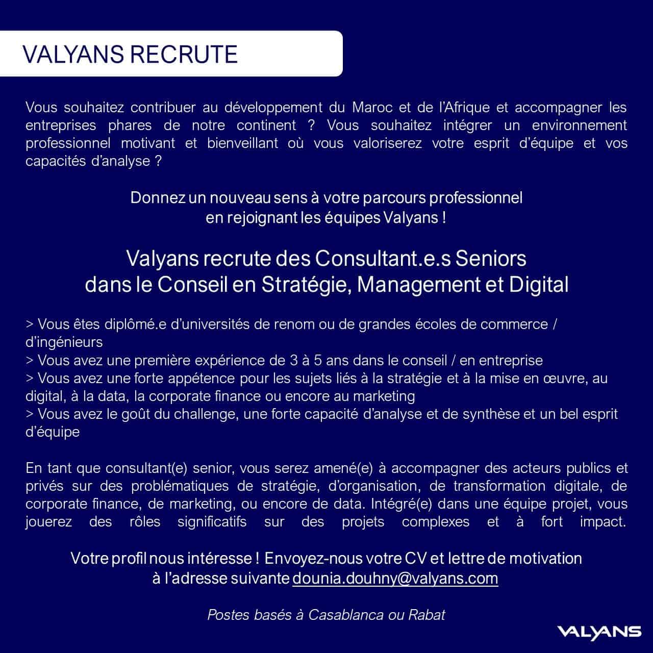 Valyans Consulting recrute des Consultants