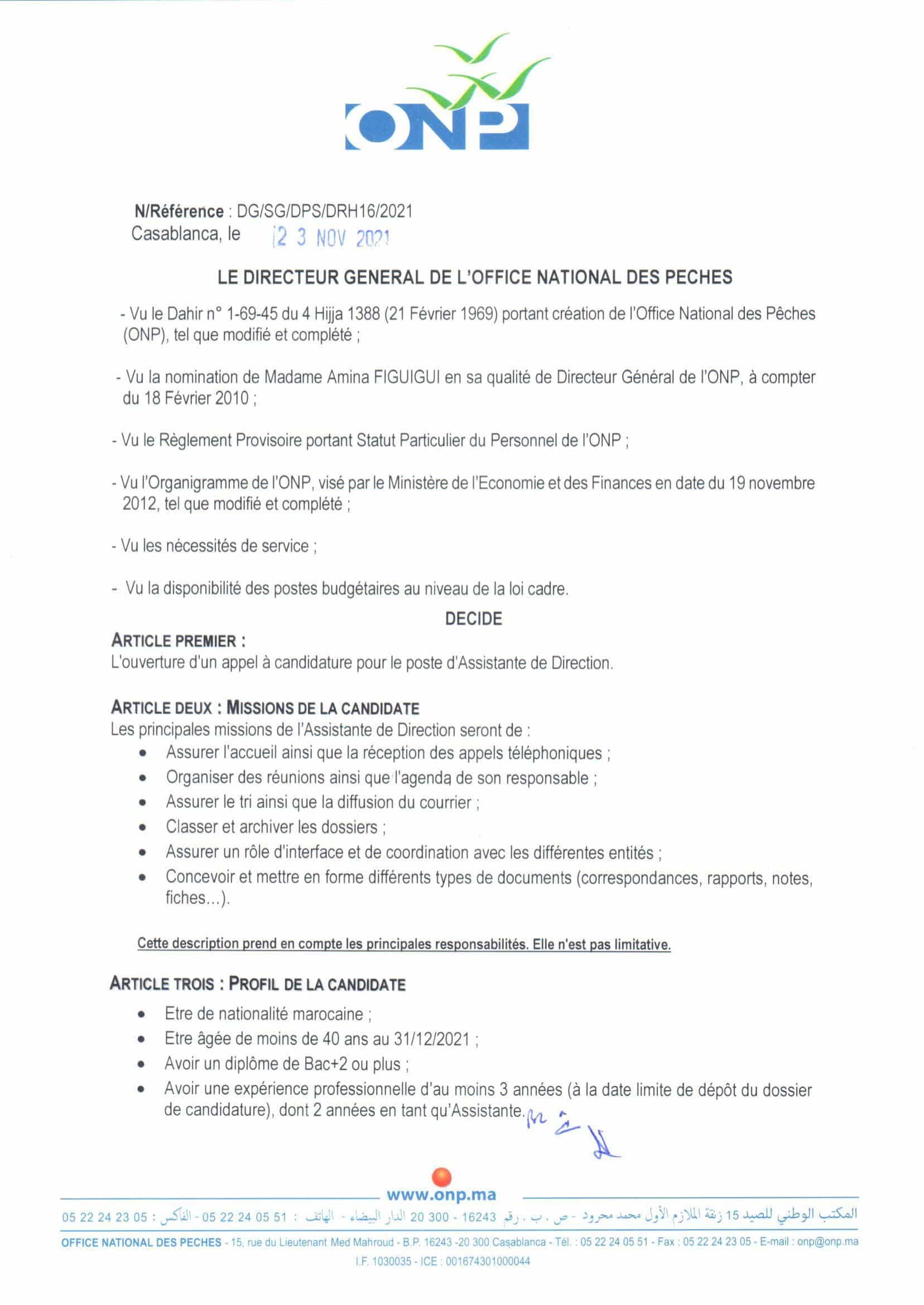 ONP recrutement 2021-2022 : assistante de direction ONP recrutement 2021-2022 : assistante de direction