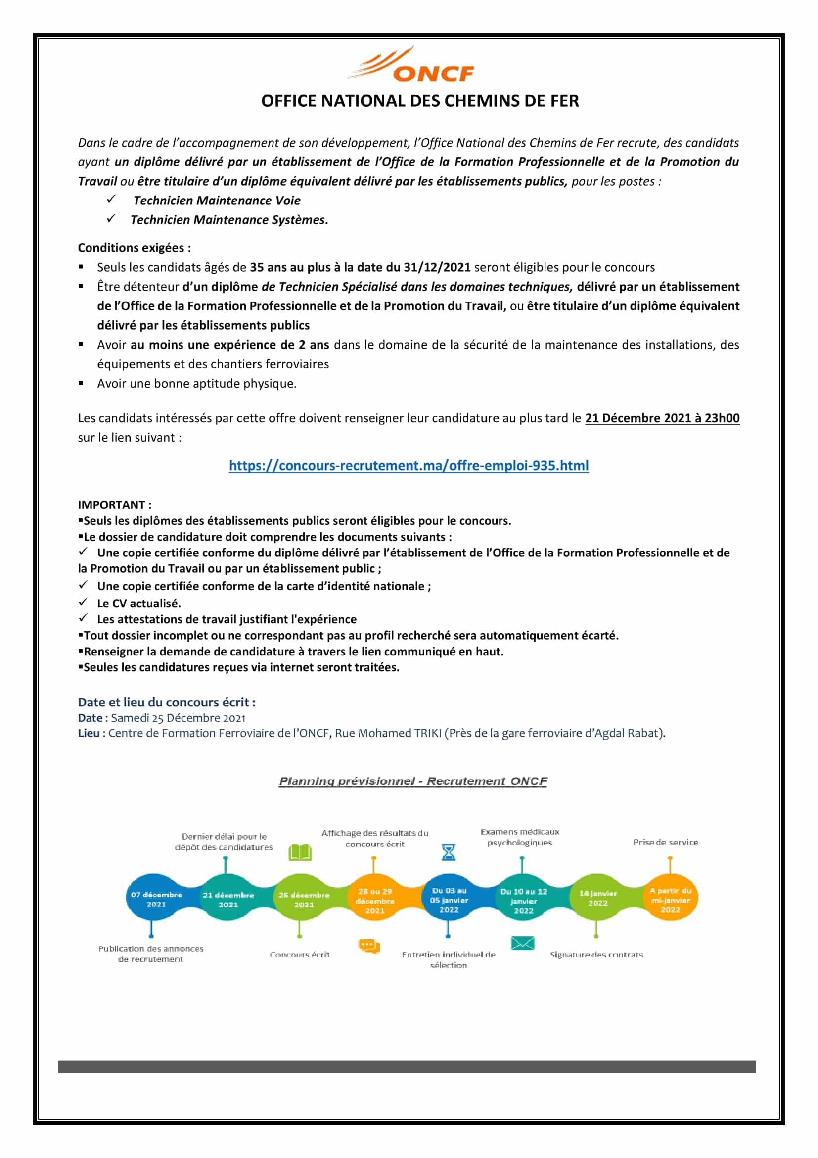 Annoncerecrutement2021TechniciensMaintenanceVoieSystmes1 1 Concours de Recrutement ONCF (36 Postes)