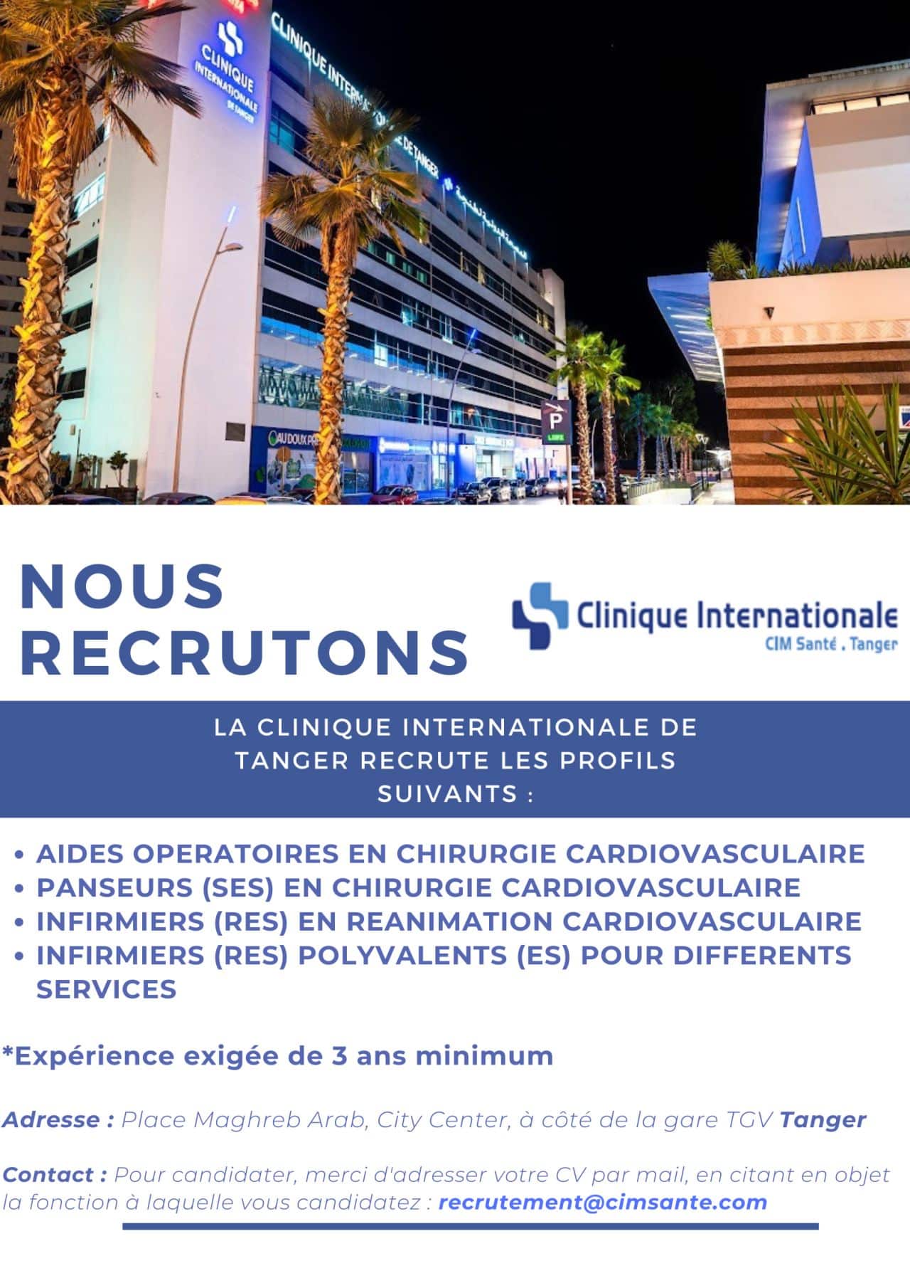 Clinique Internationale de Tanger CIM Santé recrute plusieurs profils