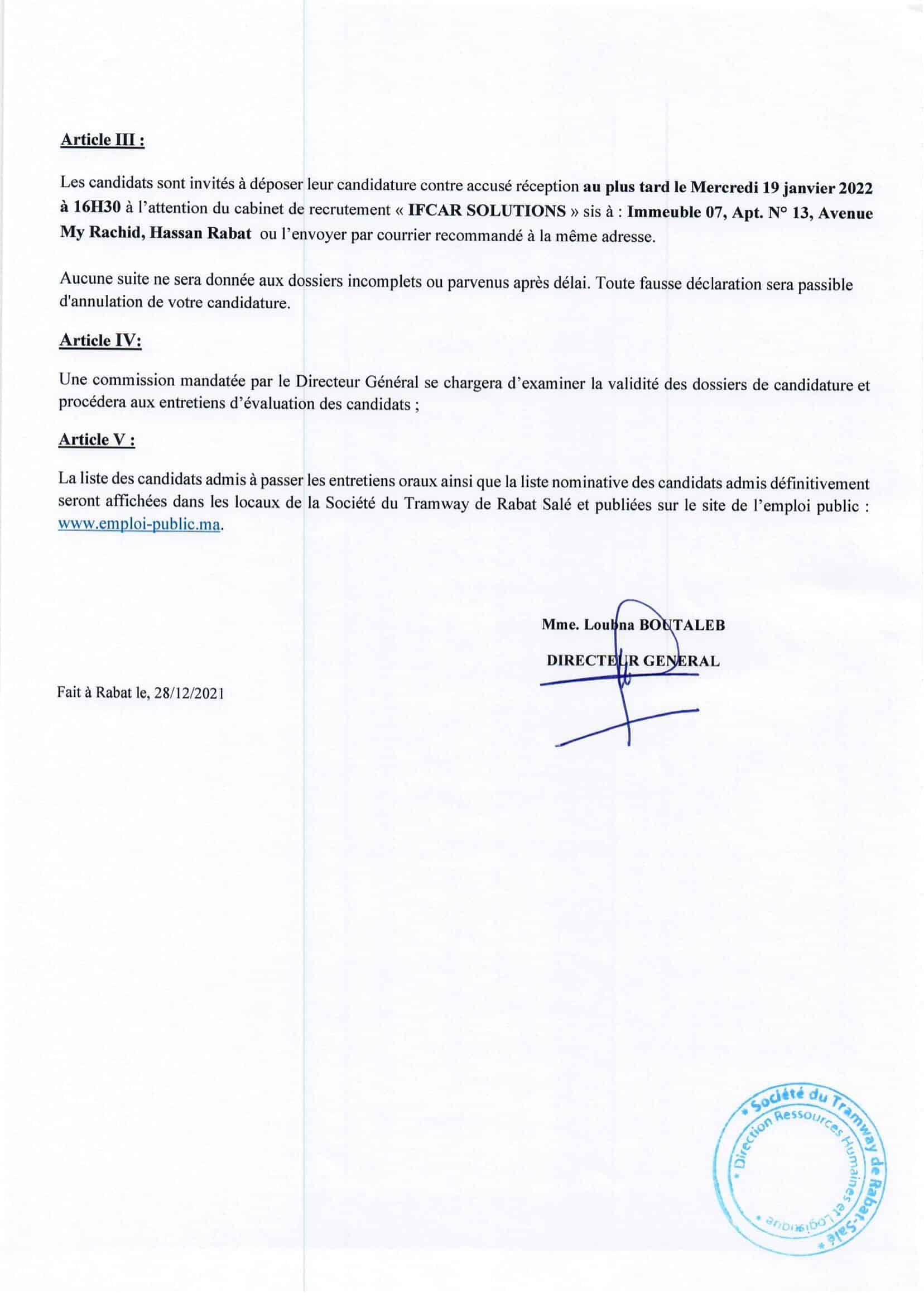 Dcisionappelcandidatutre2021 sign 2 Concours Société du Tramway de Rabat Salé (3 Postes)