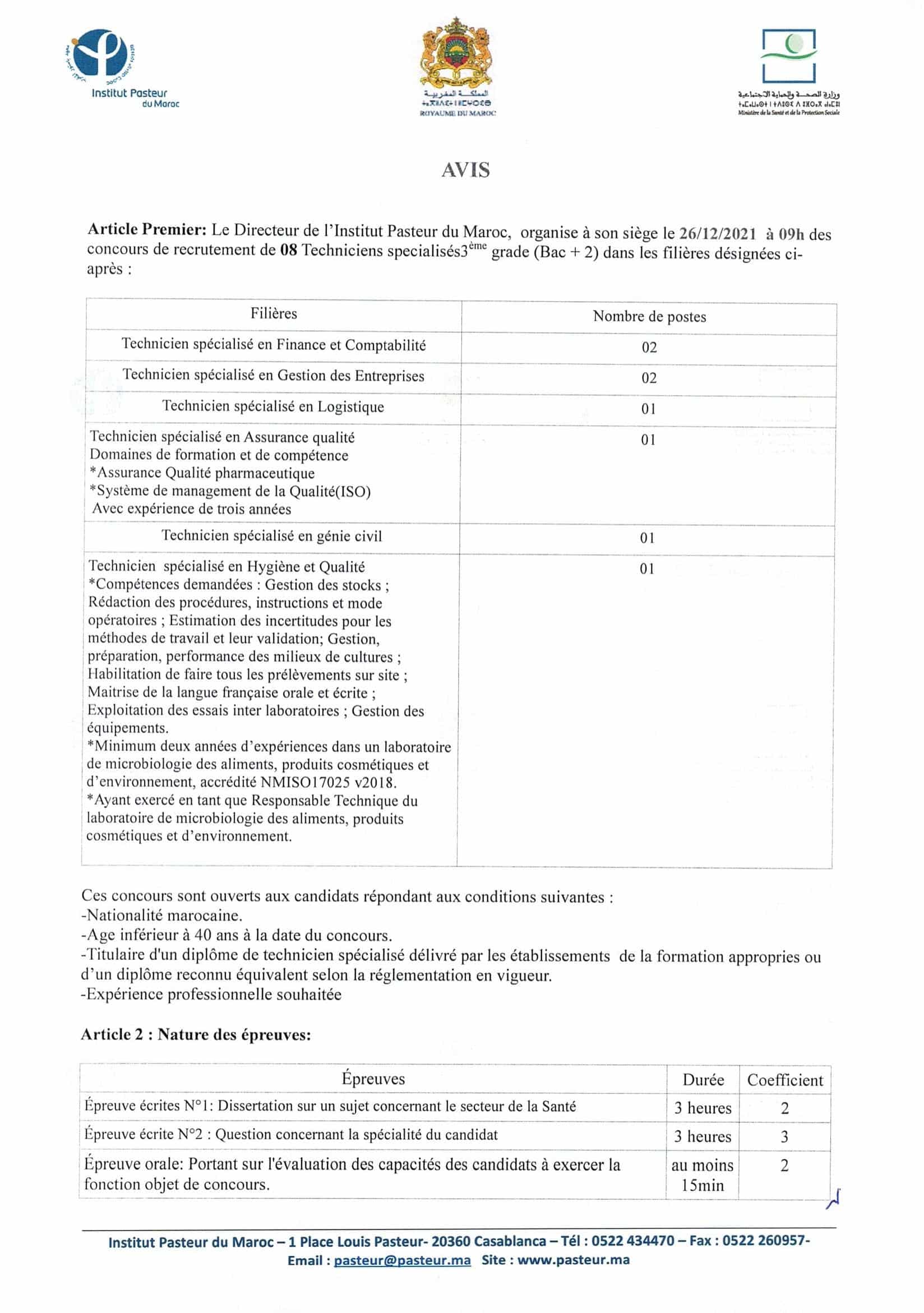 techniciens1 1 Liste des Convoqués Concours Institut Pasteur du Maroc (10 Postes)