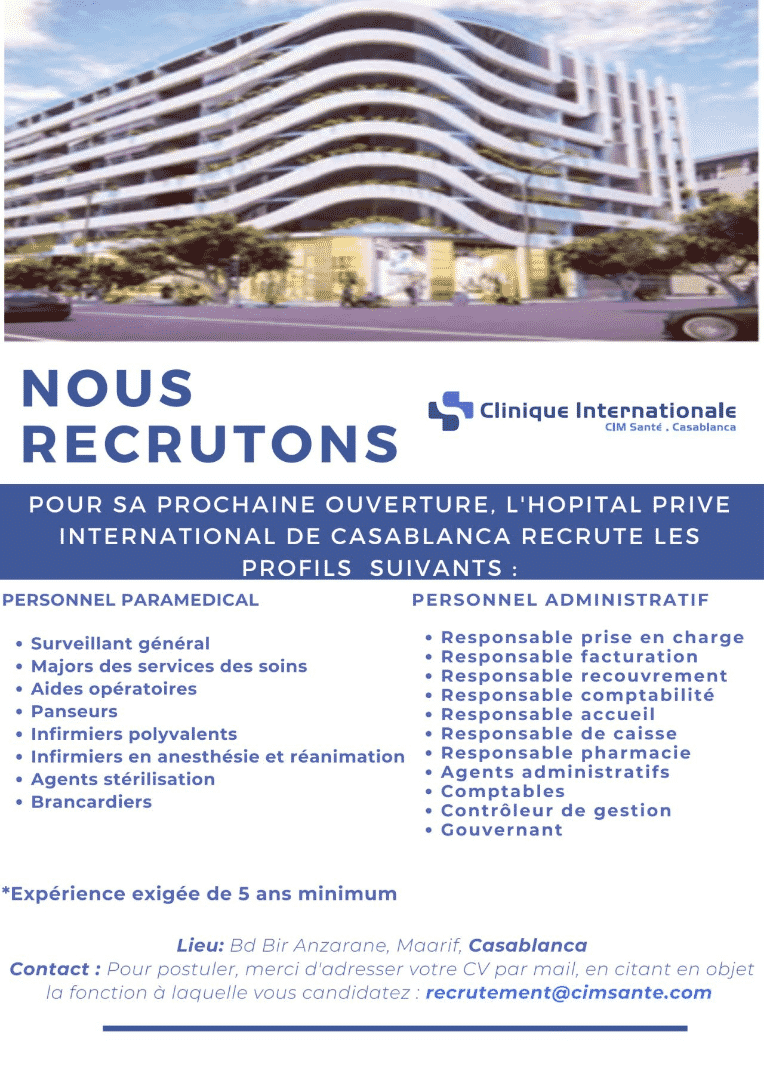 Hôpital Privé International de Casablanca recrute plusieurs profils