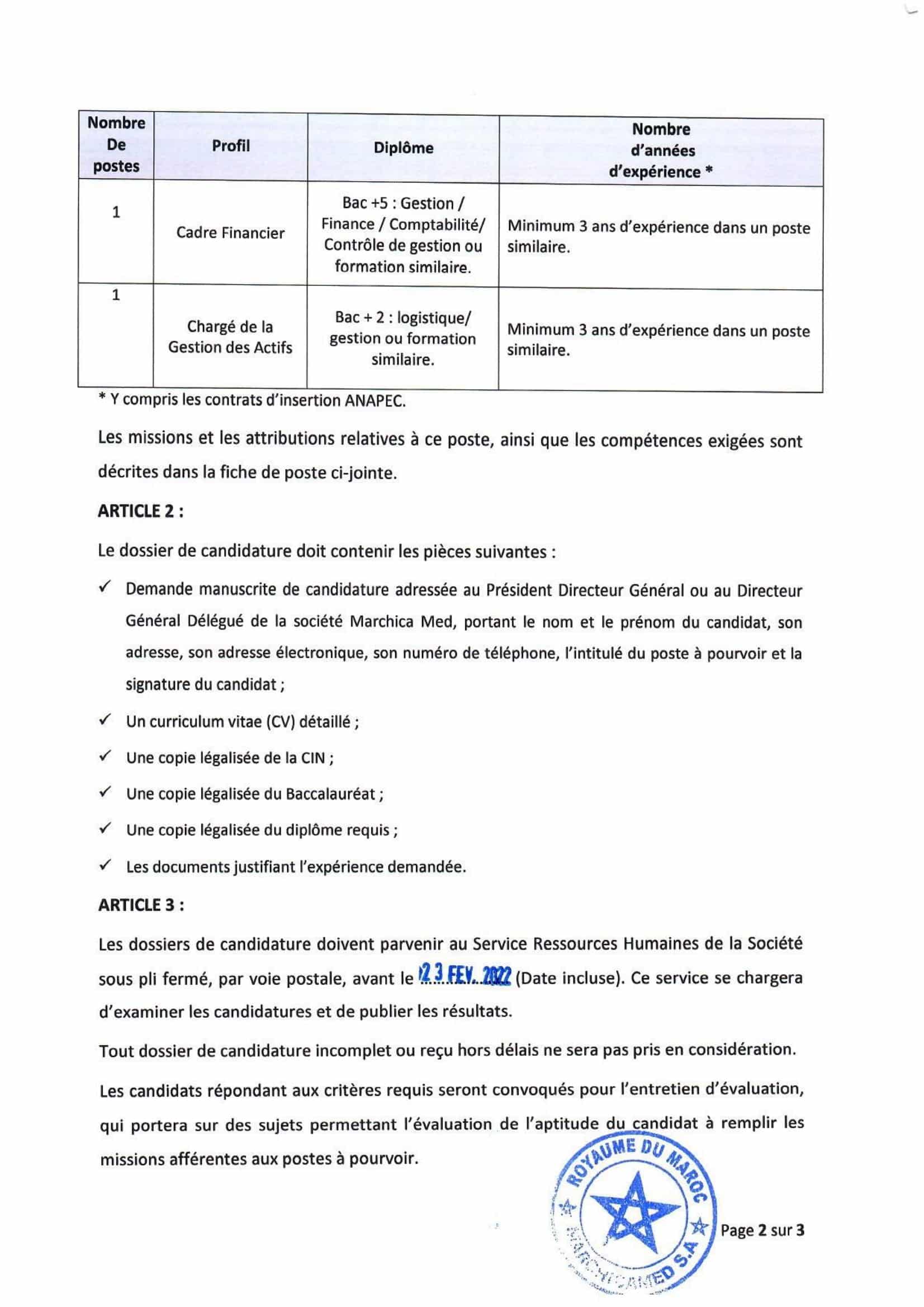 DcisioncondidatureCadreFinancieretChargdelaGestiondesActifs1 2 Concours de Recrutement Marchica Med (2 Postes)