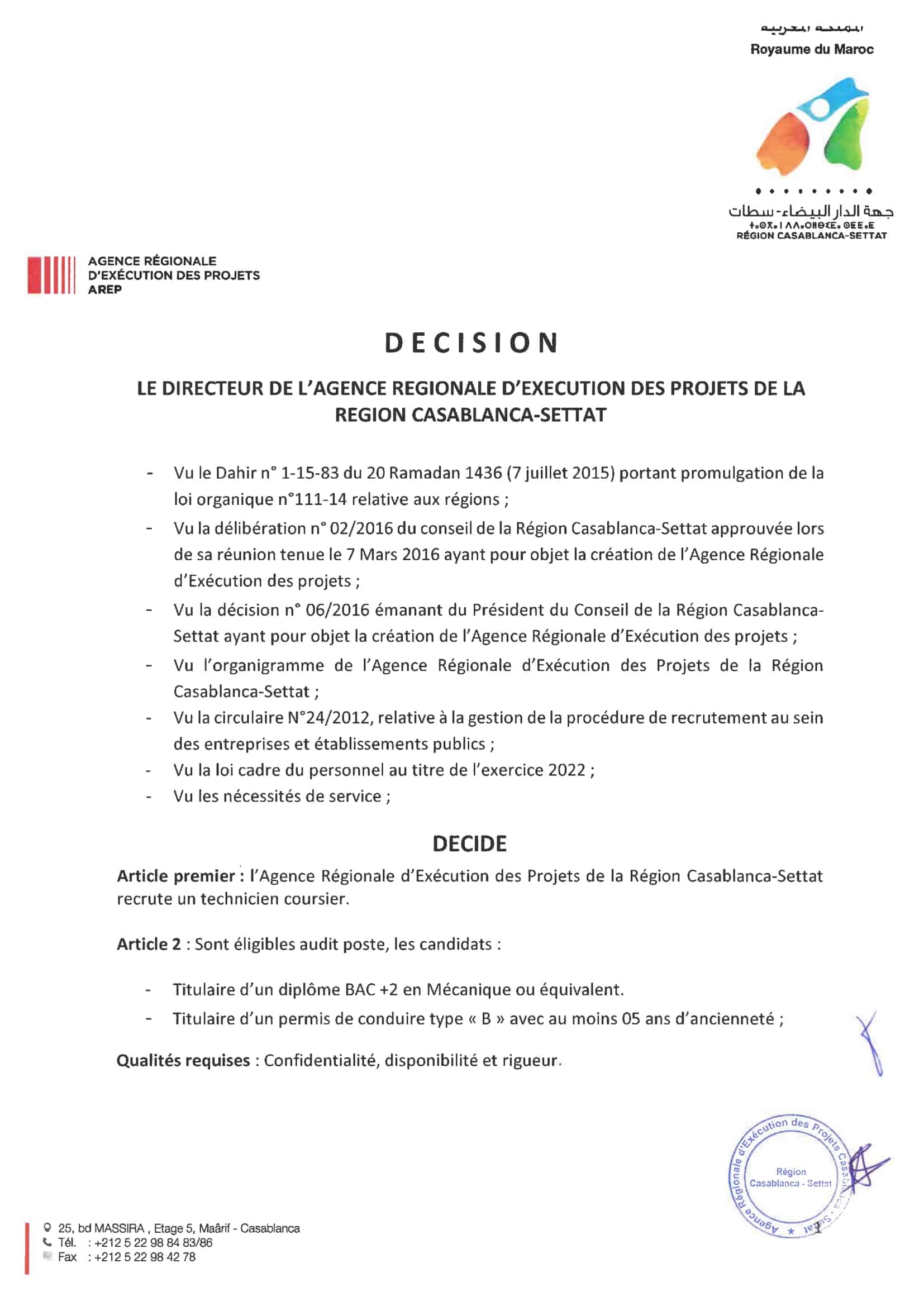 DecisionrecrutementtechniciencoursierAvr22signee 1 Concours AREP Casablanca Settat 2022 (2 Postes)