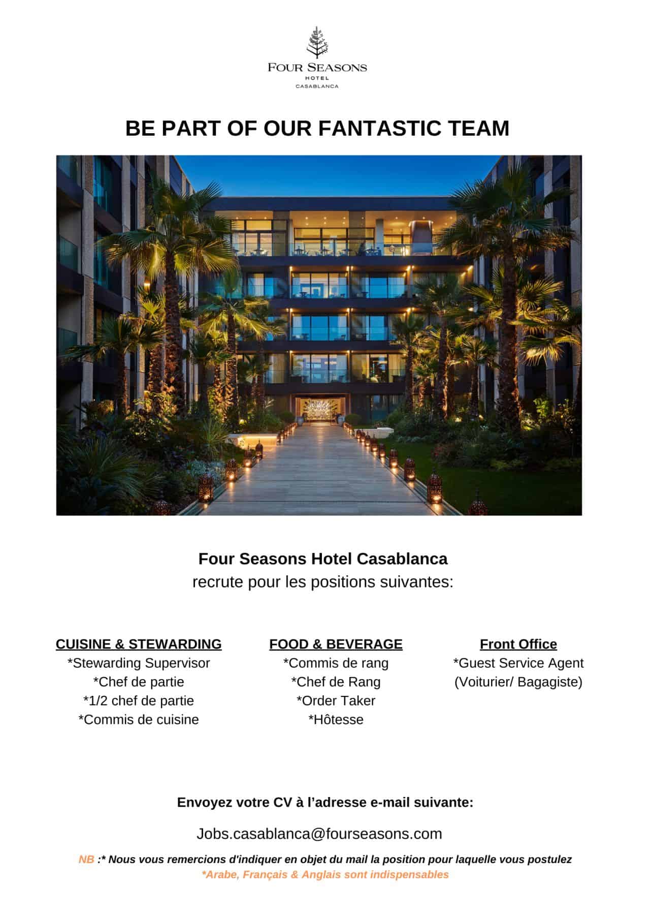 Four Seasons Casablanca recrute Plusieurs Profils