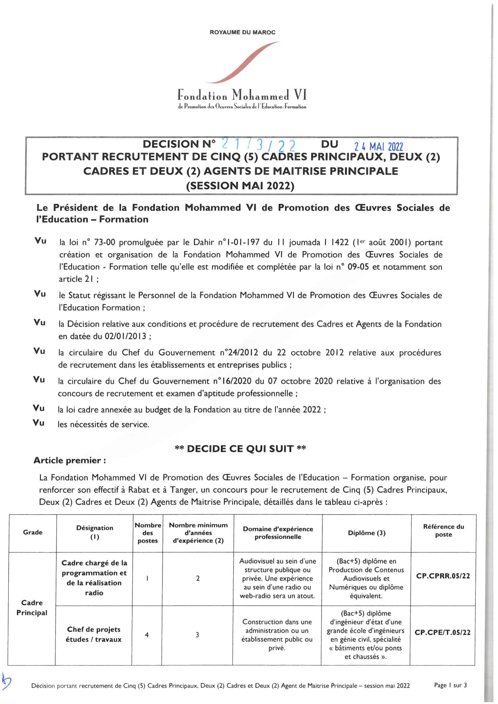 Avisdeconcours5CP2C2AMP05202213 1 Concours Fondation Mohammed VI 2022 (9 Postes)