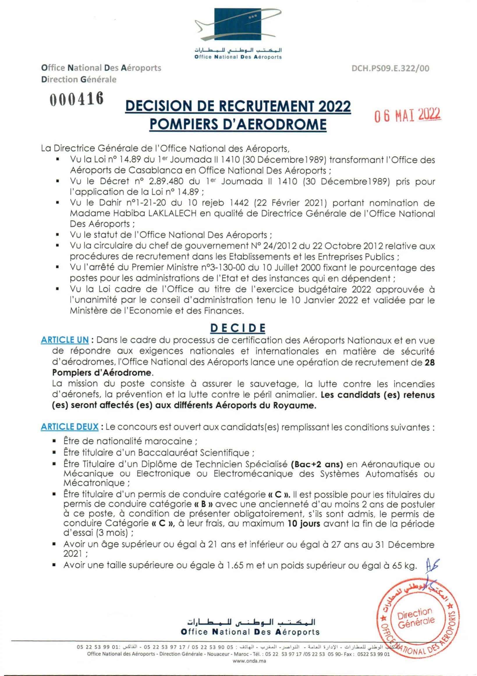 Dcisionderecrutement2022Pompiersdarodrome 1 Liste des Convoqués Concours ONDA 2022 (43 Postes)