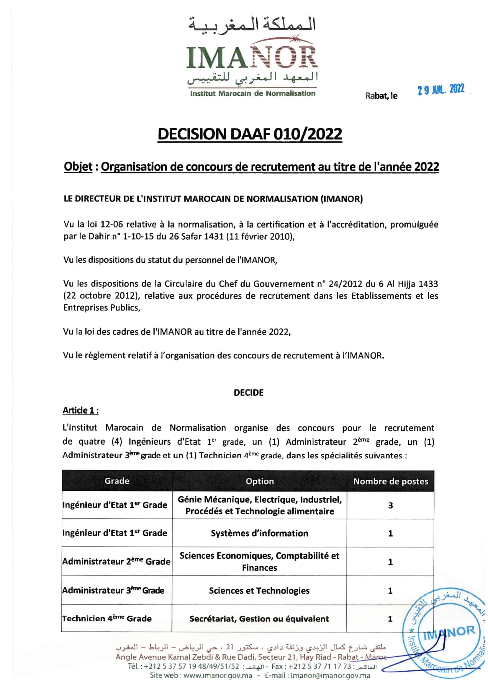 DECISIONDAAFRH0102022 1 Concours de Recrutement IMANOR 2022 (7 Postes)