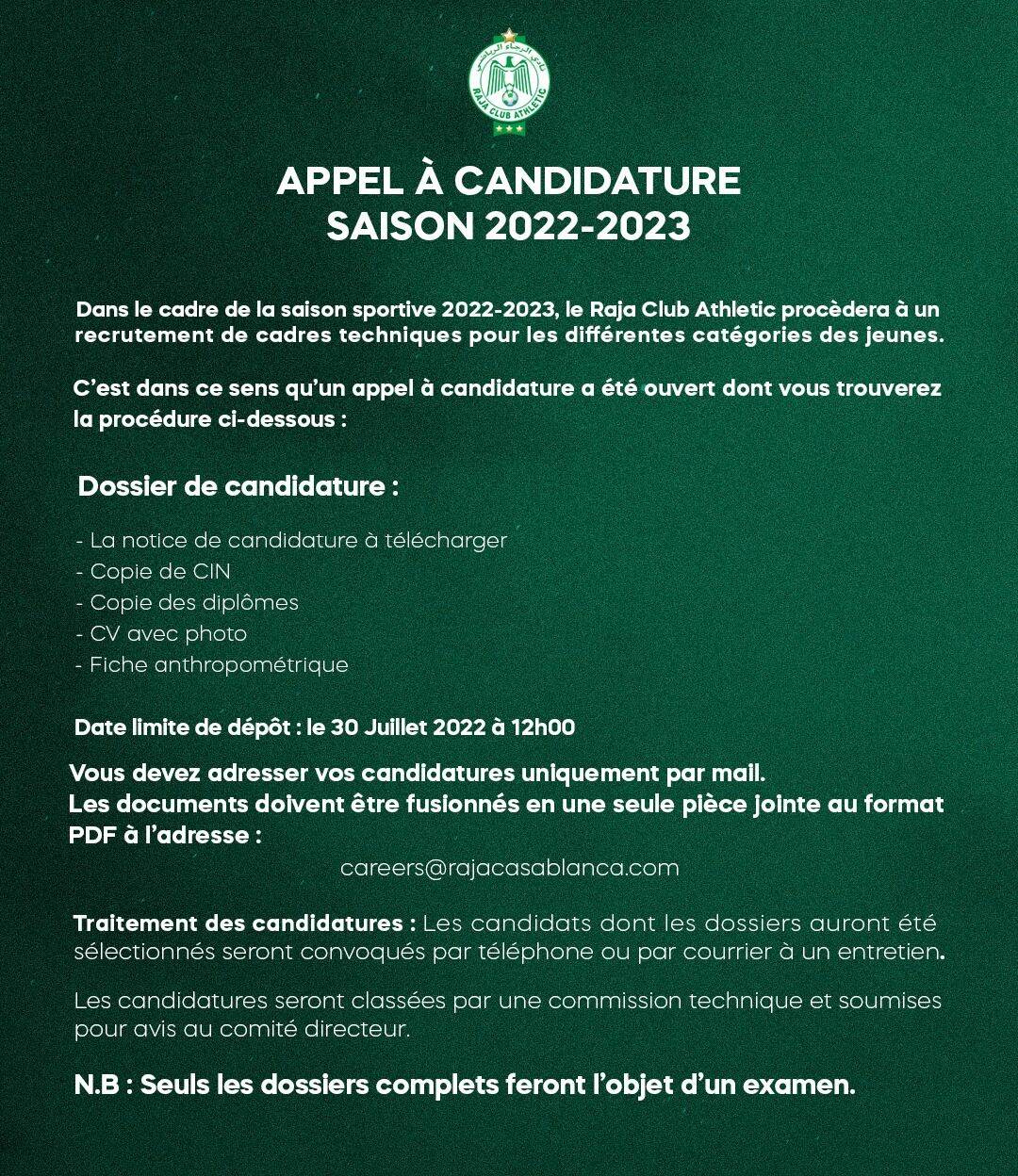 Raja Club Athletic recrute Plusieurs Profils