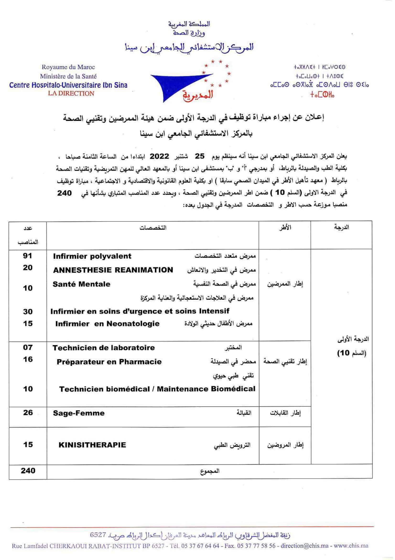 avis infirmiersettechdesante 1 Concours CHU Ibn Sina 2022 (267 Postes)