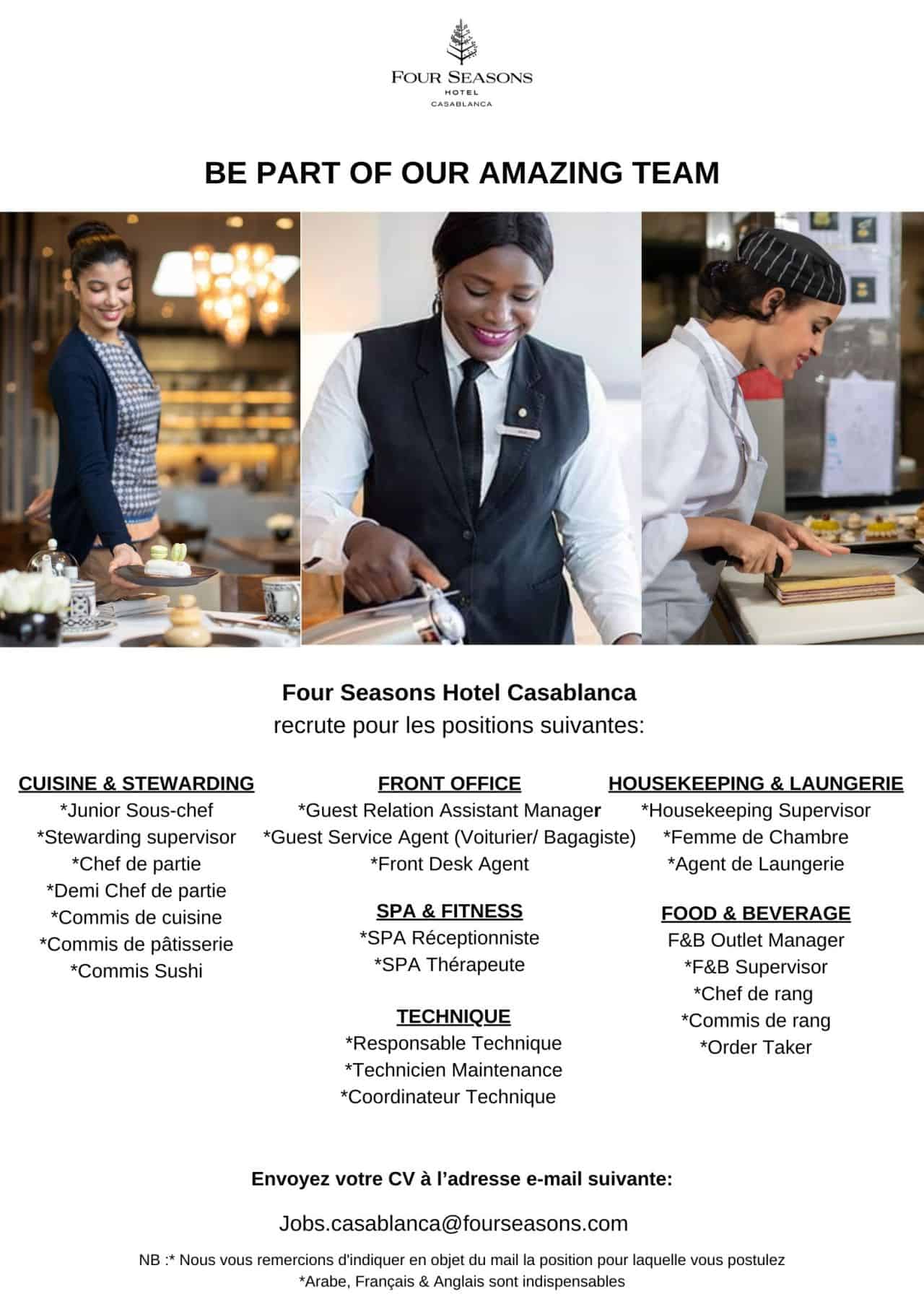 Four Seasons Casablanca recrute Plusieurs Profils