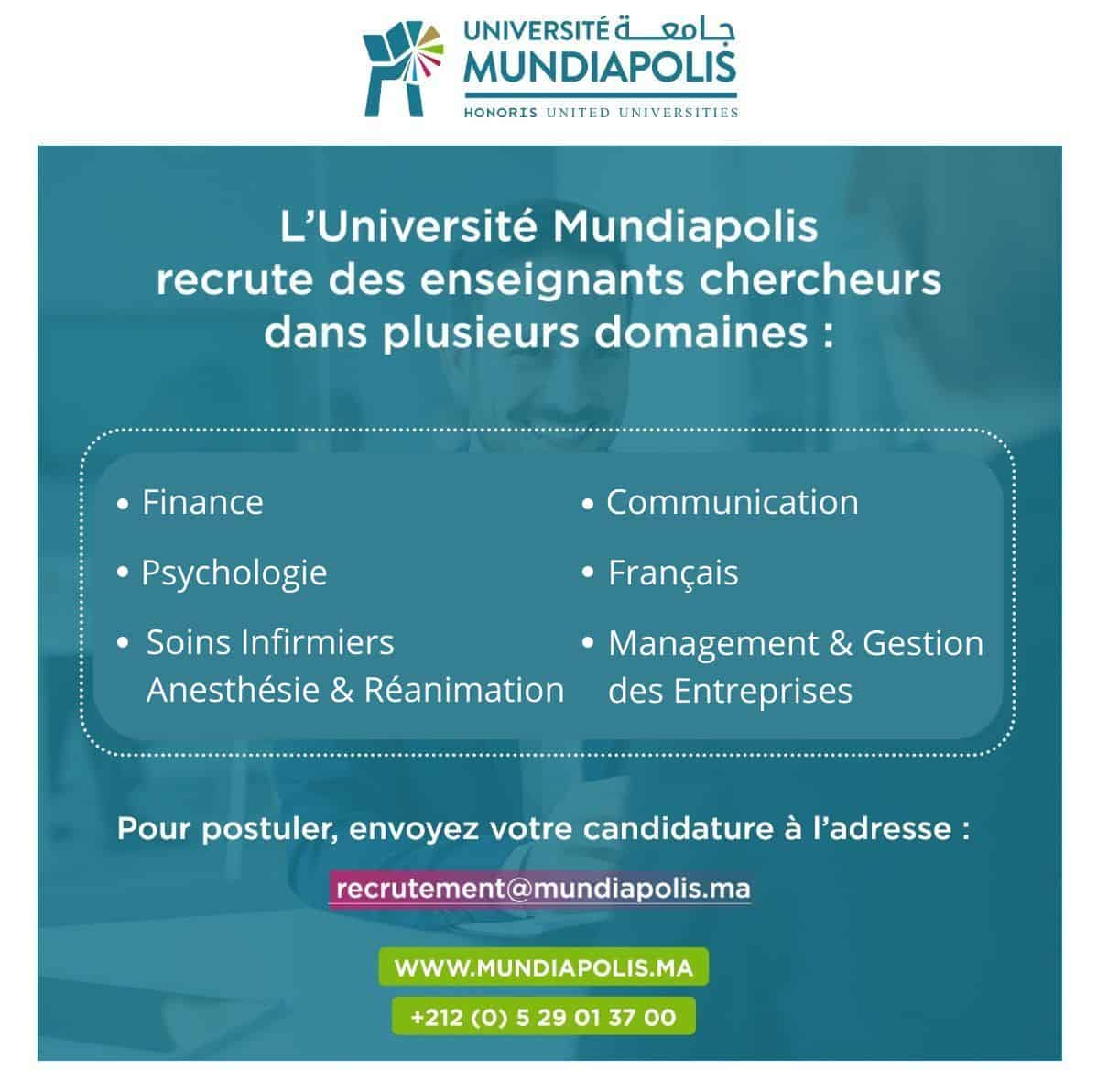 Université Mundiapolis recrute des Enseignants Chercheurs