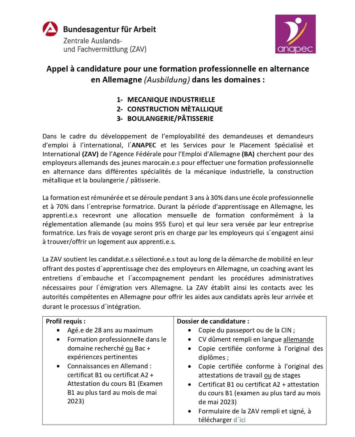 Anapec et ZAV: Formation Rémunérée en Allemagne dans Plusieurs Domaines