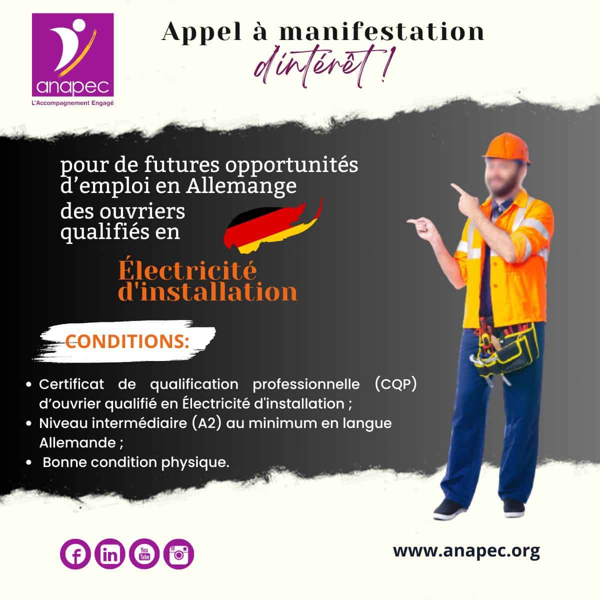 Anapec recrute des Ouvriers Électricité en Allemagne