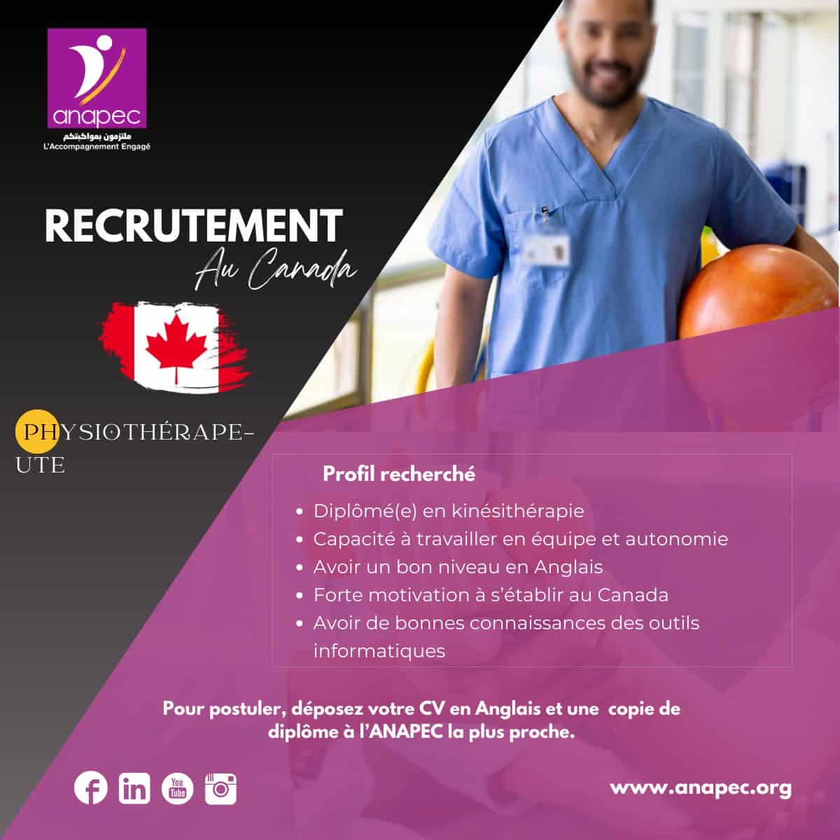 Recrutement de Physiothérapeutes au Canada via Anapec