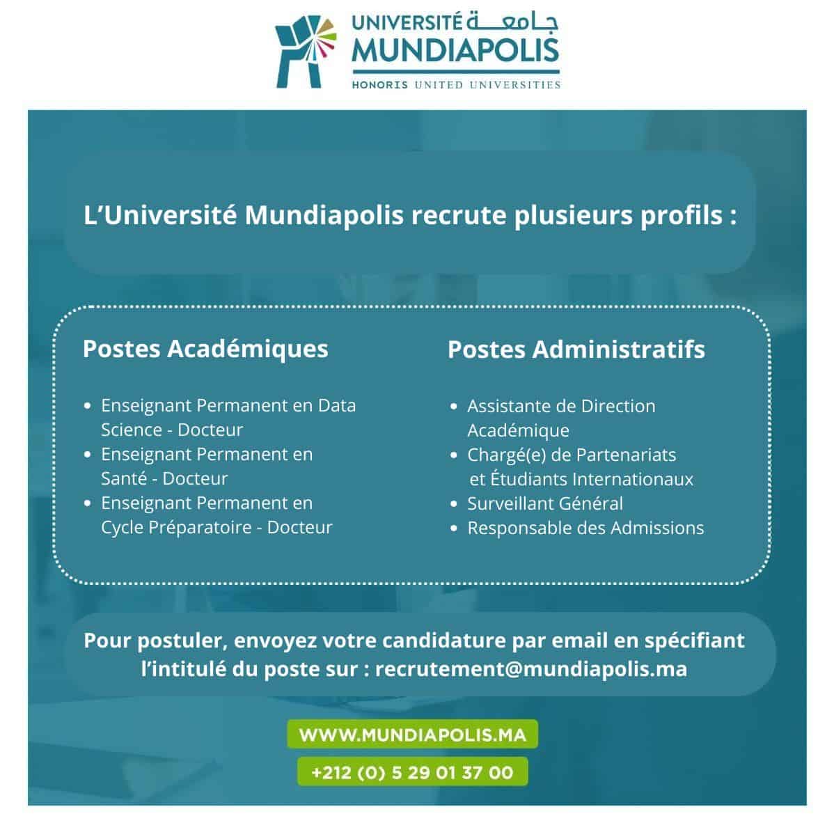 Université Mundiapolis recrute Plusieurs Profils Académiques et Administratifs