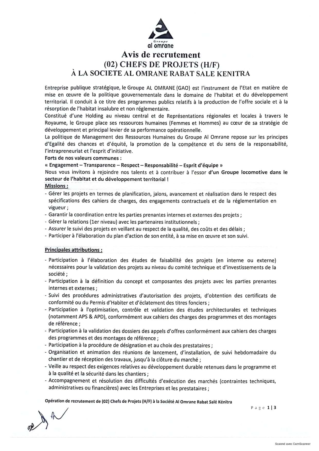 Concours de recrutement: (3) Postes Disponibles chez Al Omrane